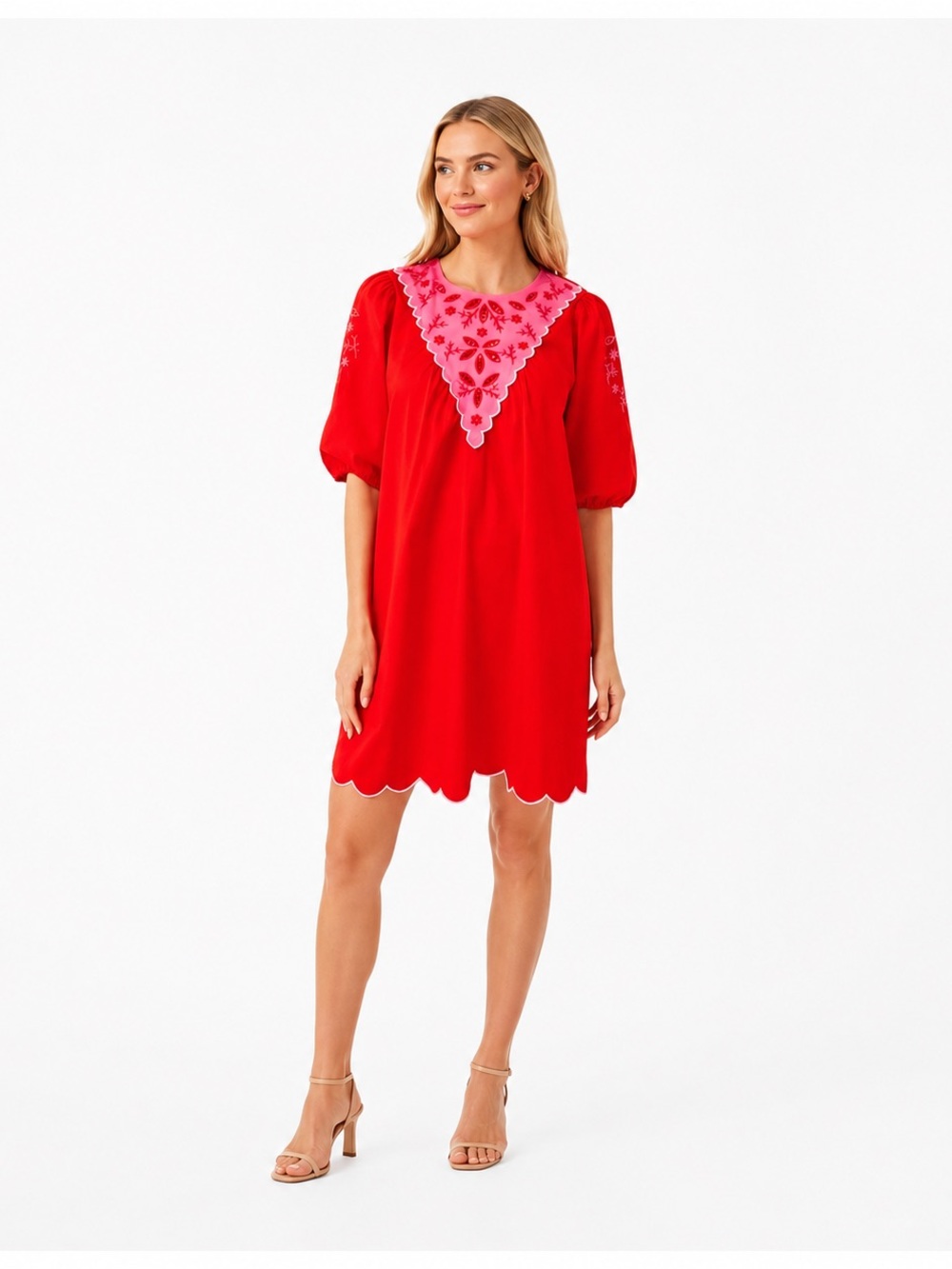Pomander Place Georgie Red Pink Embroidered Mini Dress M